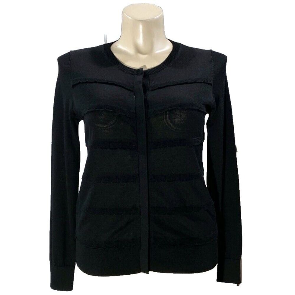 LOFT Cardigan LARGE Black Scallop Tier Wool Bl Long Sl Comfy Casual Sweater